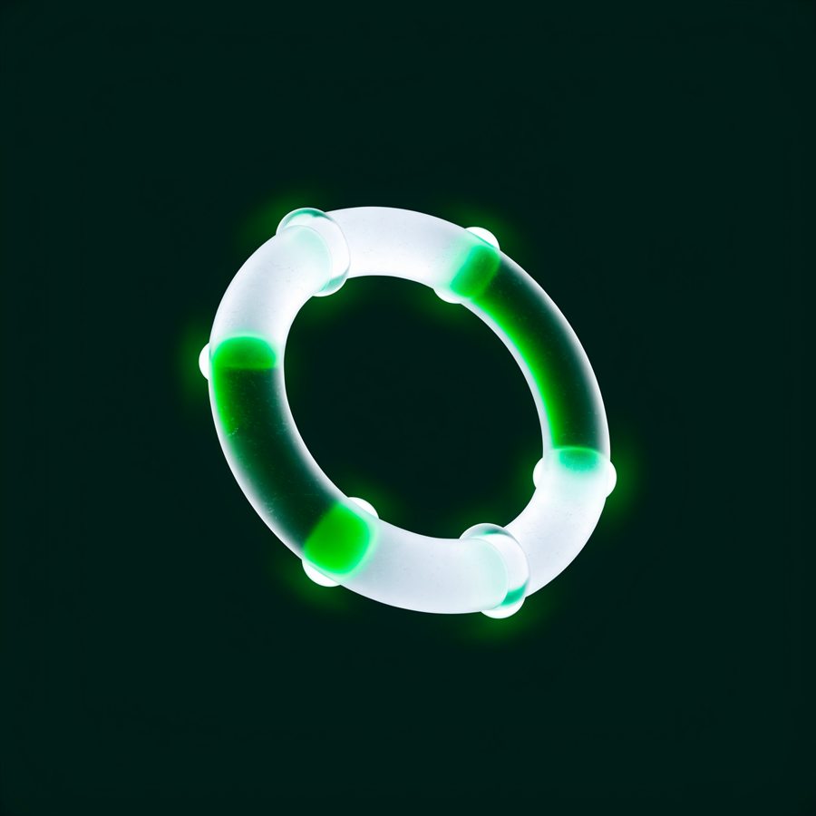 Illustration of a closed glass loop with four nodes spaced around it, green fluid circulating through the circuit.